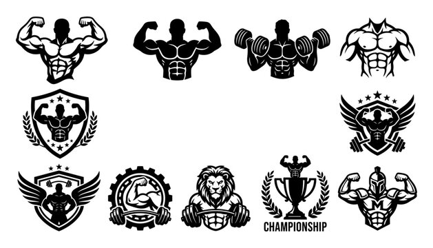 Bodybuilders Flexing Muscles and Lifting Weights in Various Poses and Emblems Featuring Bodybuilder, Strength, Fitness with Gym