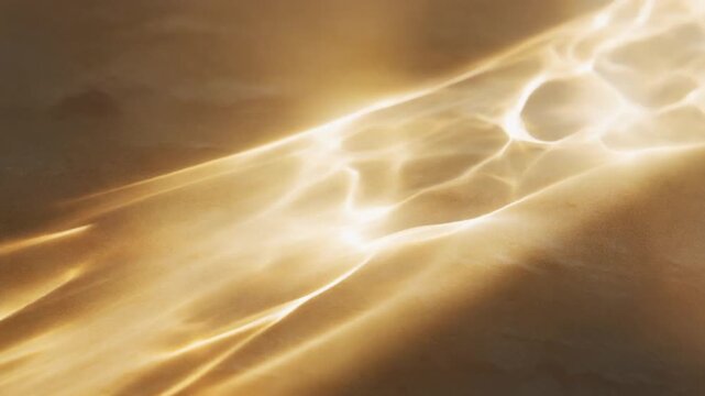 Sunlight passes through handcrafted textured glass, casting moving caustic patterns across warm limestone with realistic refractions, creating refined luxury interior branding background.