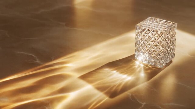 Sunlight passes through handcrafted textured glass, casting moving caustic patterns across warm limestone with realistic refractions, creating refined luxury interior branding background.
