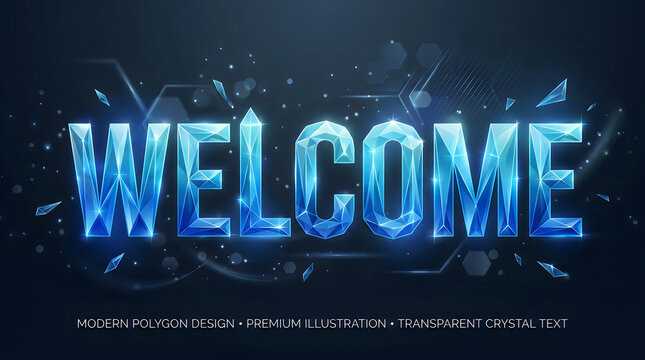 Welcome text illuminated with blue polygonal crystal shards against a dark abstract technological background