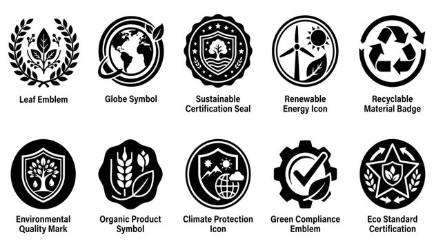 Badges and Emblems Icon Set Featuring Leaf, Globe, Certification Seals, Recycling and Compliance Symbols in Black