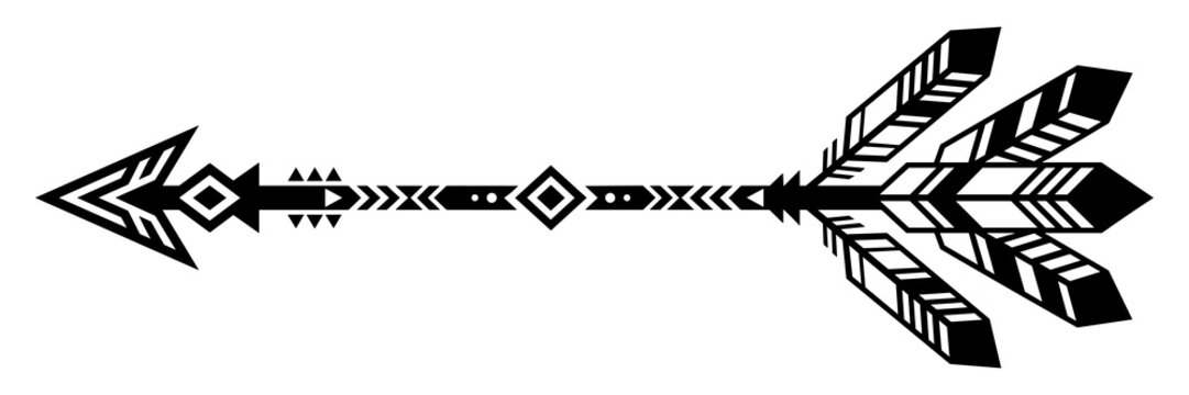 Decorative tribal arrow illustration with feathers and geometric patterns as transparent cutout