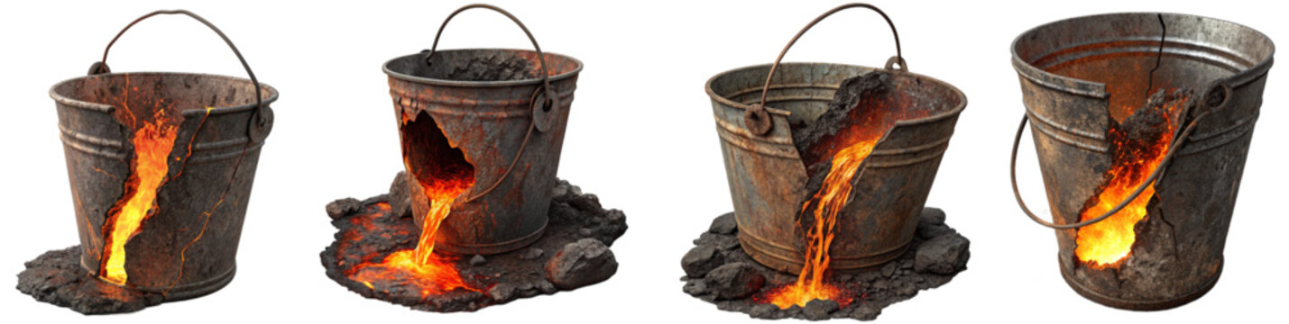 Rusty metal buckets with molten hot liquid metal leaking and burning from holes as PNG cutout