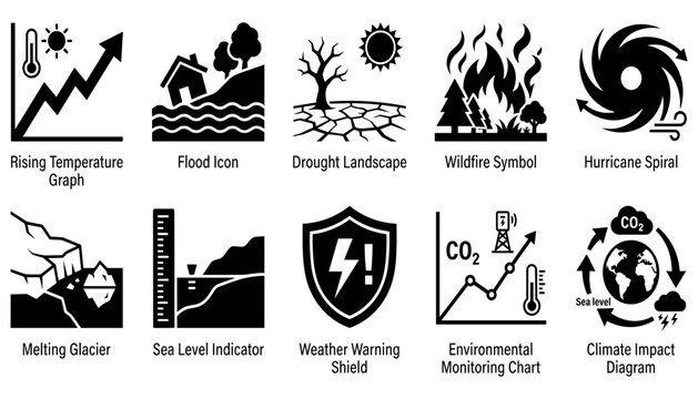Weather Hazard Icons Set with Rising Temperature, Flood, Drought, Wildfire, Hurricane, and Environmental Monitoring Charts