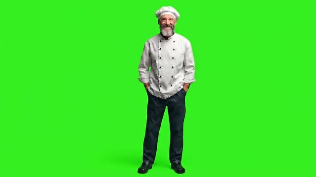Chef standing in uniform on green screen.