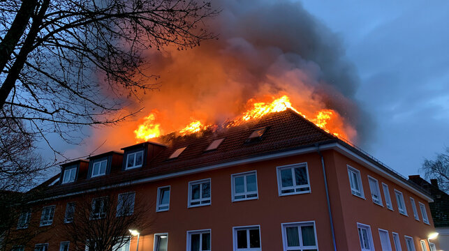 Wohnhaus mit Gaube steht in Flammen unter dichtem schwarzem Rauch