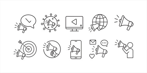 Fototapeta premium Set of marketing and advertising icons with megaphones and speech bubbles.