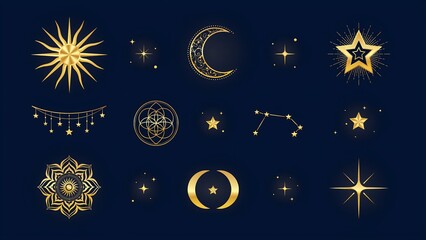 Naklejka premium Set of golden celestial elements with sun, moon, stars, and sacred geometry