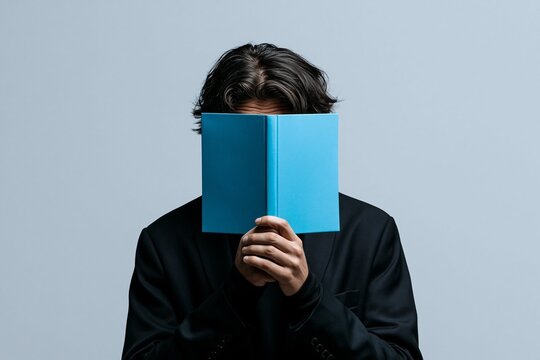 Young man with dark hair wearing black jacket hiding his face behind a blue book against a plain gray background