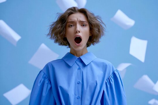 Young woman in blue shirt looking surprised or shocked while white papers float around her on blue background