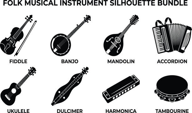 Folk, musical, instruments, silhouette, bundle, vector, fiddle, banjo, mandolin, accordion, ukulele, dulcimer, harmonica, tambourine, icons, acoustic, traditional, music, isolated, elements.