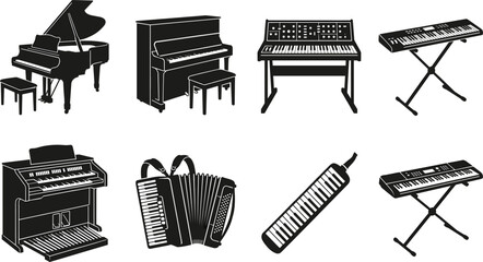 Keyboard musical instruments collection vector silhouettes, grand piano, upright piano, synthesizer, electronic keyboard, church organ, accordion, melodica on white background © SUMAIYA
