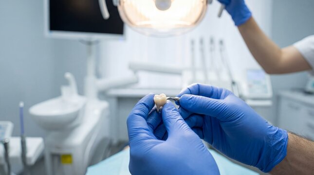 Dental crown tooth restoration prosthetic dentistry dentist hands ceramic cap treatment showing fitting procedure and restorative care concept for clinic marketing education and insurance materials