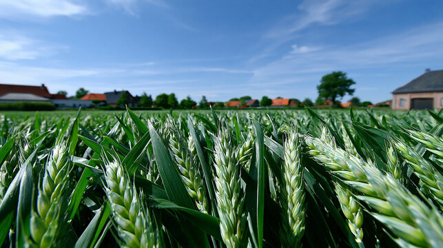 Gr&uuml;nes Weizenfeld mit reifenden &Auml;hren vor Dorf und blauem Himmel