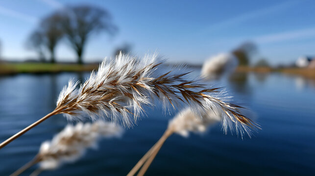 Wildgras-&Auml;hre in Nahaufnahme vor unscharfem See und blauem Himmel