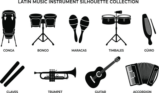 Latin music instrument silhouette collection, conga, bongo, maracas, timbales, guiro, claves, trumpet, guitar, accordion, vector set on white background