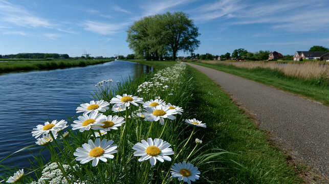 Kanal mit Gehweg und Wiese spiegelt Wolkenhimmel an sonnigem Tag