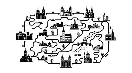 Fototapeta premium Stylized Map of Pilgrim Routes and Cathedrals.