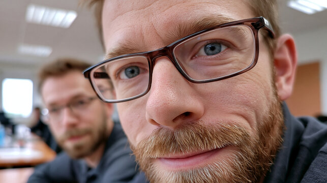 Mann mit Brille und Bart blickt l&auml;chelnd nahe in die Kamera im B&uuml;ro