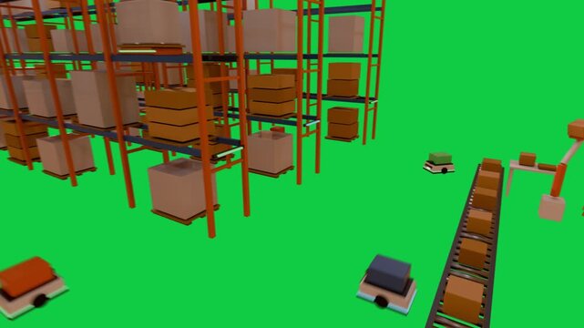 Conveyor moving box causing robot arm placing, AMRs moving boxes to racks, transparent background