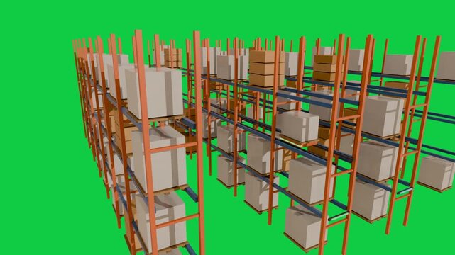 Camera moving revealing AGVs navigating aisles, aligning to pallet pickup, transparent background