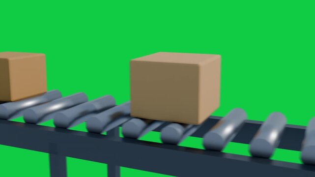 Orange actuator rising, tan boxes moving along rollers, stopping at table for sorting, transparent