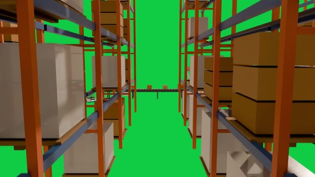 Orange racked aisle animating AGV moving after conveyor moving boxes for sorting, transparent bg