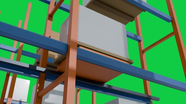 On play camera orbiting pallet on orange racks showing green board, box for transparent background