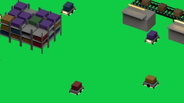 Start robots moving between rack and stations, delivering parcels for fulfilment on transparent bg