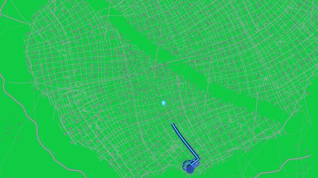 Blue pulse starting route drawing across grid, pulsing stops and guiding route on transparent bg