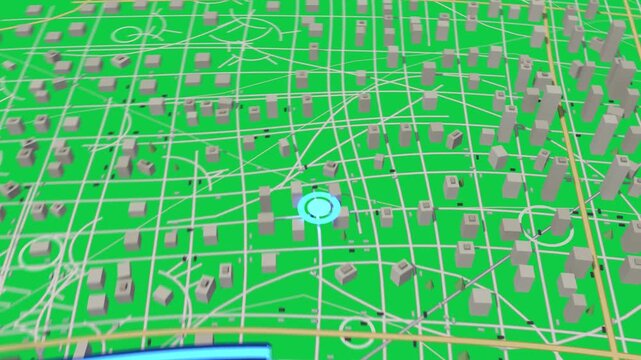 Camera pulling in to red pin; cyan navigator moving blue route, reaching target; transparent bg