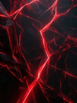 Red lightning bolts form sharp patterns in a three-dimensional space, contrasting against a dark void, creating a sense of energy and motion.