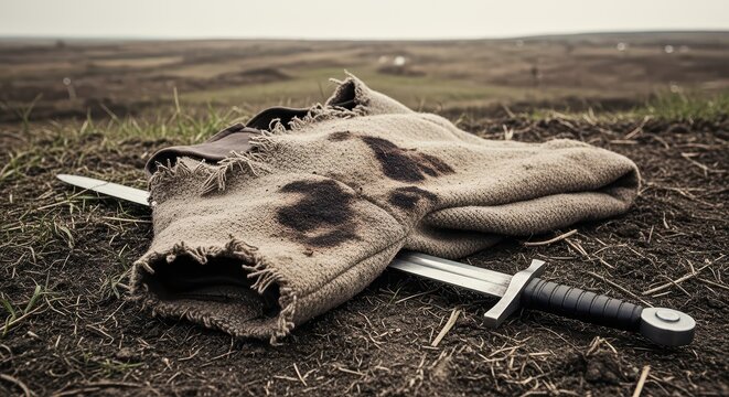 Worn woolen tunic and sword lying on the ground, a relic of ancient battle