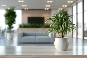 Fototapeta premium A modern office interior featuring a potted plant in focus, creating a fresh and inviting atmosphere.
