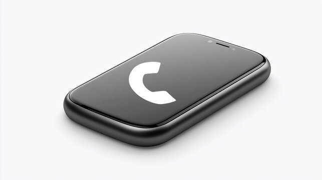 Schwarzes Smartphone liegt schr&auml;g, zeigt Anrufsymbol auf Display, wei&szlig;er Hintergrund.