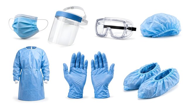 Medical PPE Level 2 Personal Protective Equipment Set Isolated on White Background