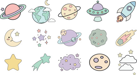 Fototapeta premium Set of cute space icons, planets, rocket ship, ufa, and stars, doodle style astronomy elements for kid's design, flat vector illustration of cosmos