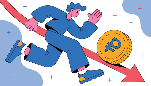 Man running from falling bitcoin coin with downward arrow Vector, illustration