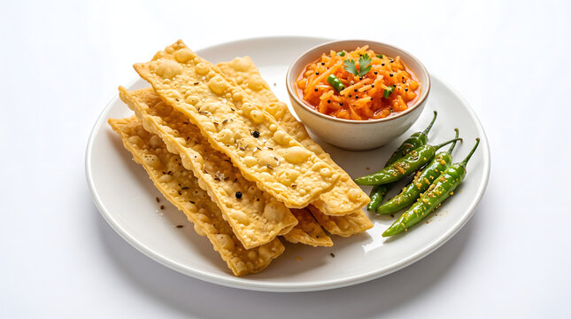 Traditional Crispy Gujarati Fafda with Fried Green Chilies and Papaya Chutney