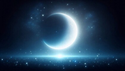 Obraz premium Luminous crescent moon shining brightly above a vast field of sparkling stardust in a deep blue night sky