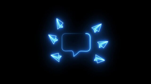 A cluster of six simple outline paper airplanes flying in different directions around a central empty speech bubble outline messaging, chat, paper plane, communication, UI Icon, 4k.
