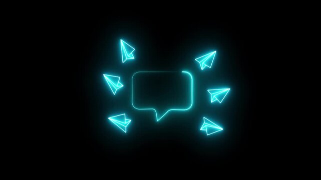 A cluster of six simple outline paper airplanes flying in different directions around a central empty speech bubble outline messaging, chat, paper plane, communication, UI Icon, 4k.
