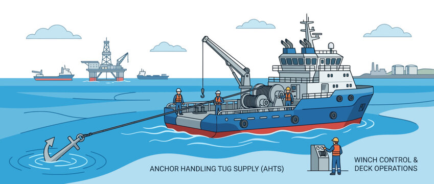 Anchor Handling Tug Supply Vessel with Anchor Deployment and Offshore Rig