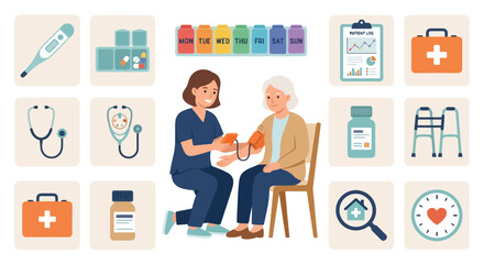 Naklejka premium Female Nurse Checking Elderly Woman Blood Pressure with Medical Icons Set