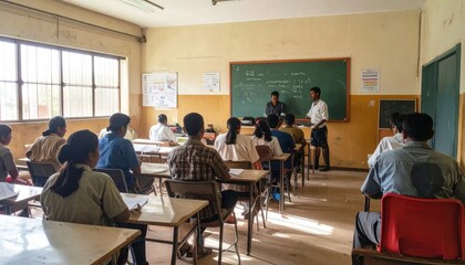 Fototapeta premium Diverse students in a classroom receiving instruction from teachers at the blackboard, learning and education concept.