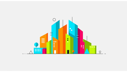 Fototapeta premium Vibrant Geometric Cityscape minimalist flat vector illustration of colorful skyscrapers on white background ideal for urban planning presentations perfect for modern business branding.