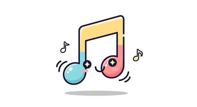 Cute cartoon music note character with happy face and pastel colors.