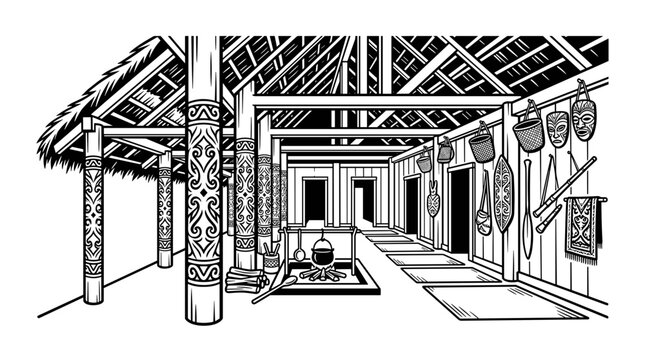 Traditional Indigenous Longhouse Interior with Cultural Artifacts.