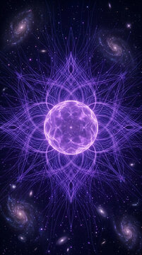 Abstract cosmic visualization with a glowing purple orb and swirling galaxies, symbolizing infinity, wonder, and spiritual awakening, suitable for science or meditation themes