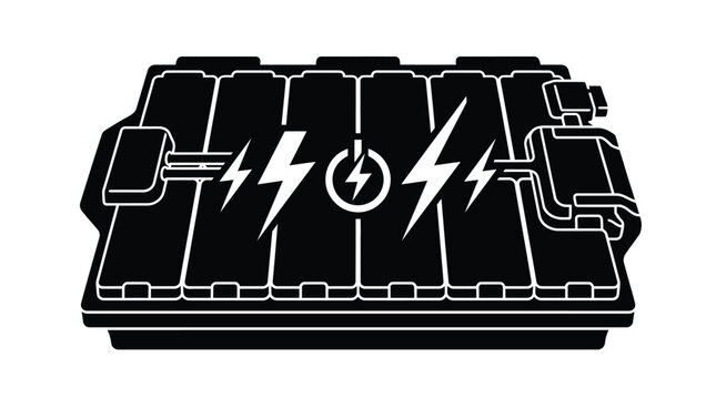 Detailed black and white graphic illustration of a high capacity electric car lithium ion battery pack module with lightning bolt icons and power button symbol